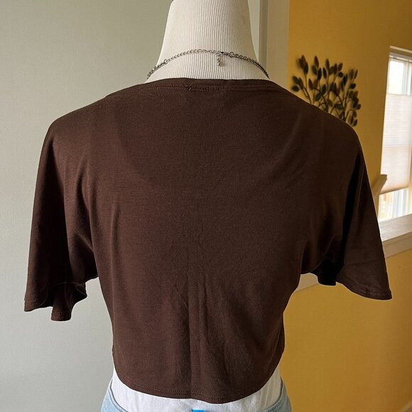 BROWN Tie-Front Cropped Shrug w/ Flutter Sleeve - Picture 6 of 7